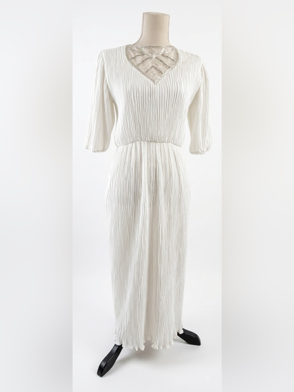 Vintage Ricki Lang Silk Dress Maxi White Beaded Deco Sz 6